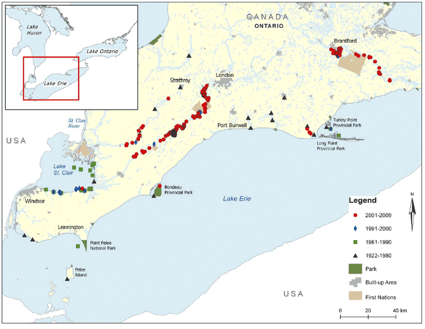 Figure 3. Ontario distribution of the Eastern Sand Darter (See long description below)