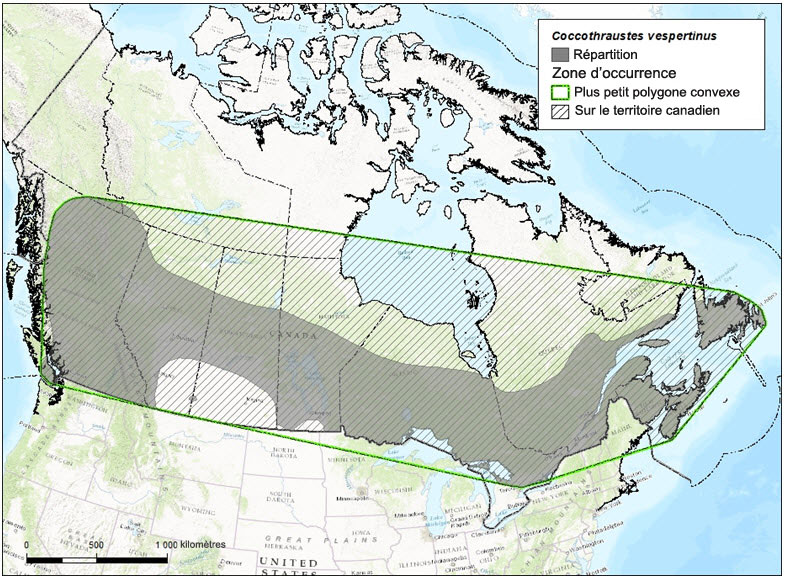 Répartition canadienne et zone d’occurrence du Gros-bec errant.