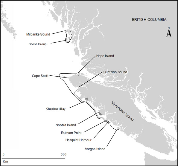 Figure 3. Distribution of sea otters in British Columbia and place names mentioned in the text regarding range.