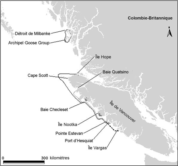 Figure 3. Aire de répartition de la loutre de mer en Colombie-Britannique et lieux mentionnés dans le texte à ce sujet.