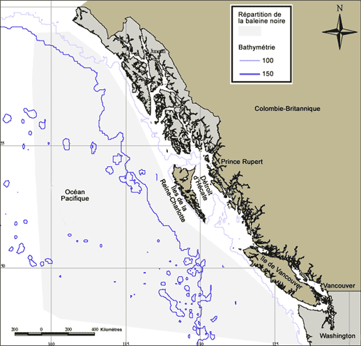 Figure 1. Répartition historique de la baleine noire le long de la côte canadienne du Pacifique.