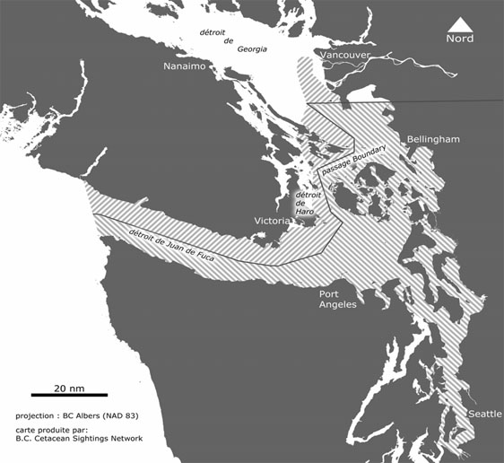 Habitat essentiel des épaulards résidents du sud. La région hachurée montre les zones envisagées pour désignation au titre d'habitat essentiel des épaulards résidents du sud en vertu de l'Endangered Species Act (ESA) des États-Unis.