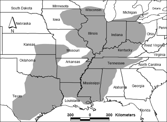 Map: North American distribution of the Blackstripe Topminnow. See preceding paragraphs for more details.