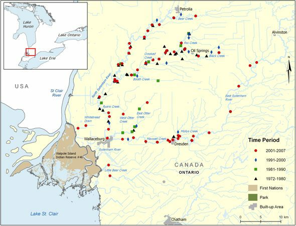 Map: Canadian distribution of the Blackstripe Topminnow. See preceding paragraphs for more details.