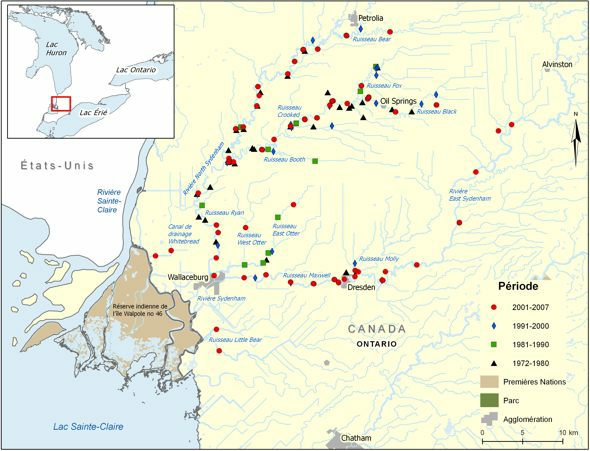 Carte : Aire de répartition canadienne du fondule rayé. Voir les paragraphes précédents pour des détails.
