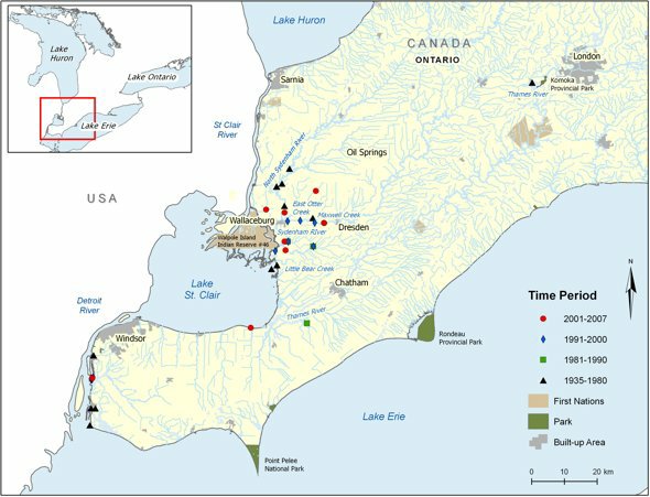 Map: Canadian distribution of the Pugnose Minnow. See preceding paragraph for details.