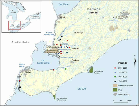 Carte : Aire de répartition canadienne du petit-bec. Voir les paragraphes précédents pour des détails.