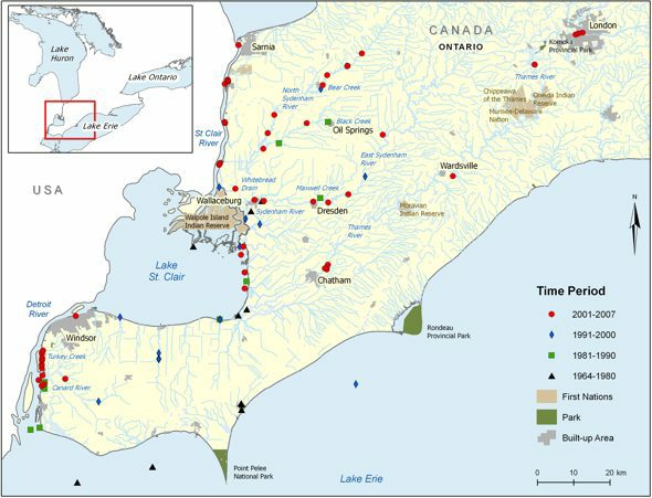 Map: Canadian range of the Spotted Sucker. See preceding paragraph for details.