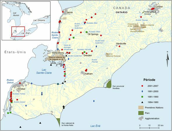 Carte : Aire de répartition canadienne du meunier tacheté. Voir les paragraphes précédents pour des détails.
