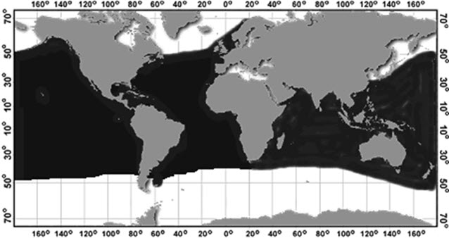 Carte de la répartition mondiale du requin bleu (voir longue description ci-dessous)