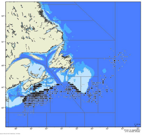 Map showing Blue Shark catch locations (see long description below)