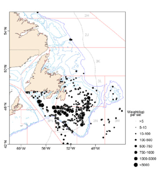 Map showing Blue Shark catch locations (see long description below)