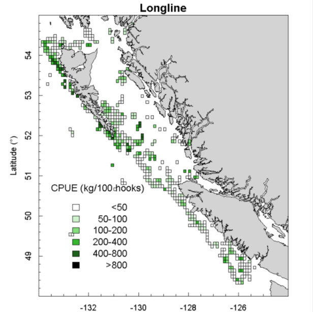 Map showing mean catch per unit effort (see long description below)