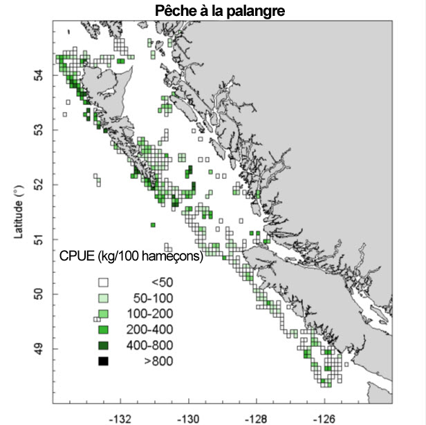 Carte montrant le nombre moyen de captures par unité d’effort (voir longue description ci-dessous)