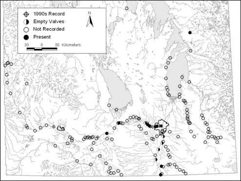 Figure 8.  Current distributions of Quadrula quadrula in Manitoba based on surveys from 1992-2004 reported by Scaife and Janusz (1992), Watson et al. (1998), Carney (unpublished, 2003a, 2004, b), Pip (pers. comm.), Watkins (unpublished) and Staton (pers. comm. 2005).