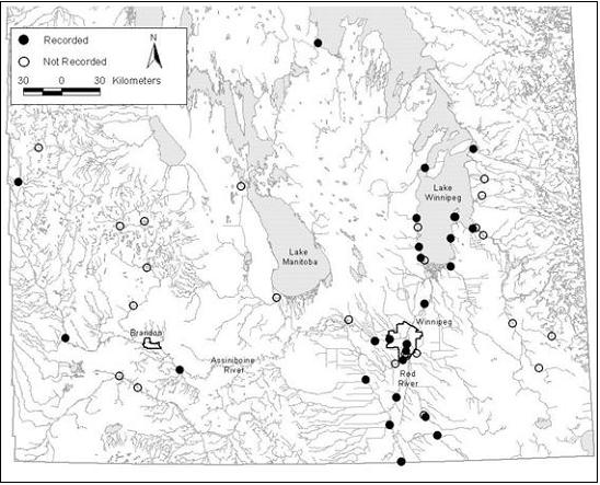 Figure 7.  Historical distributions of Quadrula quadrula in Manitobabased on records and surveys prior to 1992 reported by Clarke (1973) and Pip (pers. comm.).