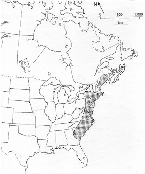 Figure 2. Répartition générale de la lampsile jaune, Lampsilis cariosa, sur la pente atlantique de l’est de l’Amérique du Nord.