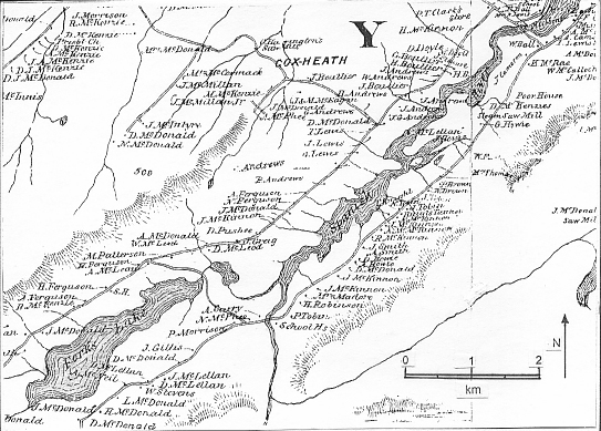 Figure 7. The Sydney River system as it was before flooding resulting from the 1902 dam. The river section (Spanish River) was probably all tidal, though dominated by freshwater. Forks Lake became Blacketts Lake and was entirely fresh and non-tidal. Little Gillis Lake was formed by flooding of a wetland near the property marked 'J. Gillis'.