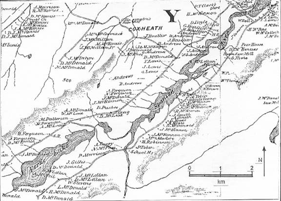 Figure 7.      Le bassin de la rivière Sydney avant les inondations causées par la construction du barrage en 1902. La section fluviale (rivière Spanish) était probablement entièrement à marée, mais dominée par l’eau douce. Le lac Forks, devenu le lac Blacketts, était entièrement d’eau douce et n’était pas un lac à marée. Le lac Little Gillis a été formé par l’inondation d’un milieu humide situé près de la propriété « J. Gillis ».