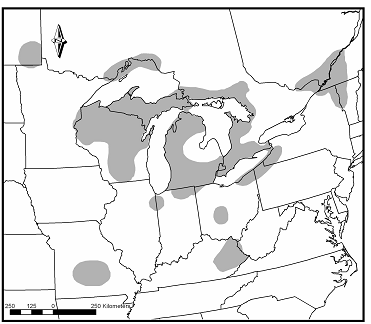 Figure 3. Distribution of the northern brook lamprey in North America (adapted from Page and Burr 1991).