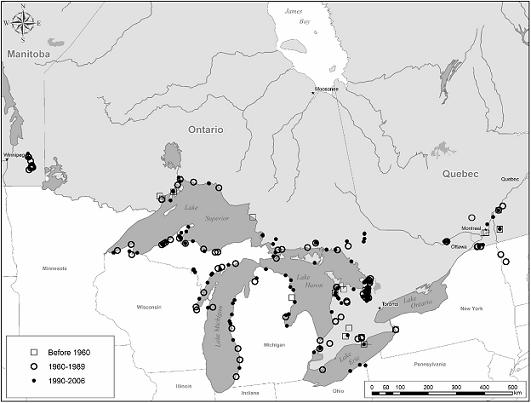 Figure 2. Distribution of the northern brook lamprey in Canada and the American portion of the Great Lakes basin. Dates indicate time of most recent collections.