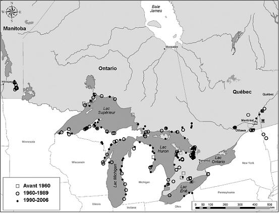 Figure 2.  Répartition de la lamproie du Nord au Canada et dans la partie américaine du bassin des Grands Lacs. Les dates indiquent les récoltes les plus récentes.