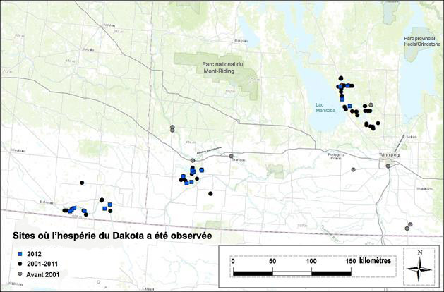 Carte des sites de l’hespérie du Dakota montrant les trois centres de population au Canada 2001.