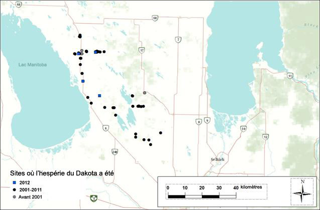 Carte des sites de l’hespérie du Dakota 2001­2012 .