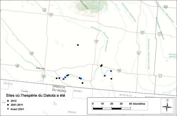 Carte montrant les localités de l’hespérie du Dakota 