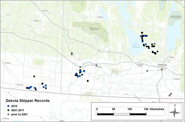 Map showing locations of Dakota Skipper records 