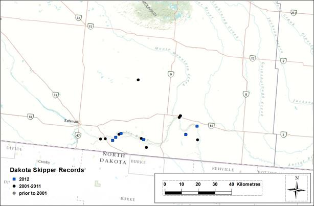 Map showing locations where Dakota Skipper has been recorded 