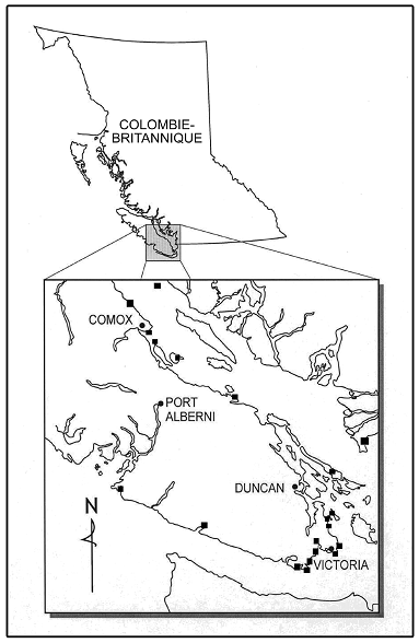 Figure 4. Activités de recherche du Camissonia contorta. Les carrés noirs représentent l’emplacement de un ou de plusieurs sites inspectés dans l’aire de répartition connue de l’espèce et d’autres sites apparemment convenables sur la côte sud-ouest de l’île de Vancouver.