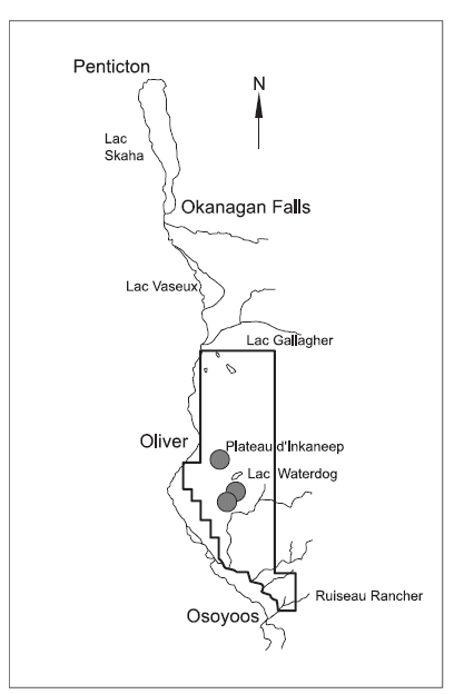  Gîtes diurnes (points gris) fréquentés par des Antrozous pallidus mâles munis d’un radioémetteur dans la vallée de l’Okanagan durant l’été de 1991