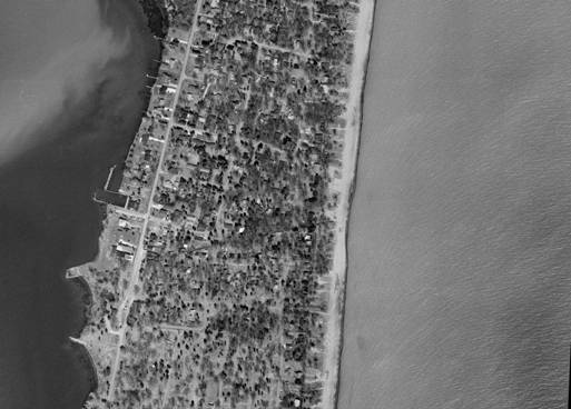 Figure 11. Vue aérienne du parc provincial Rondeau montrant l’emplacement des chalets et des routes dans cette aire protégée. Photo : S. Gillingwater.