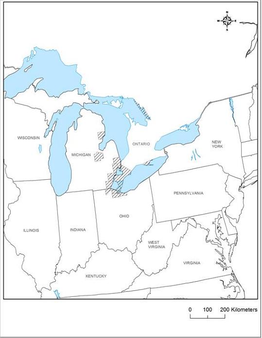 Figure 1. Eastern Foxsnake (Elaphe gloydi) distribution in North America