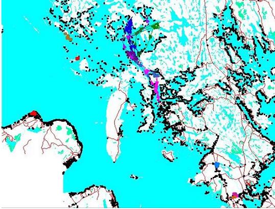 Figure 7. Cottage development in southern Georgian Bay in the southern part of the range of the Eastern Foxsnake on the Georgian BayCoast. Black dots are cottages/buildings and turquoise is water.