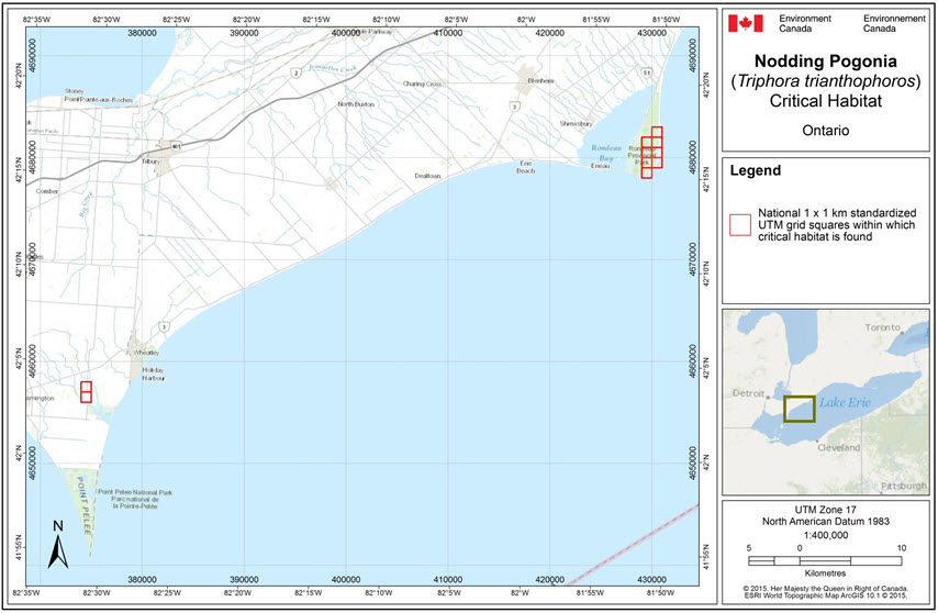 Map of critical habitat for the Nodding Pogonia in Canada