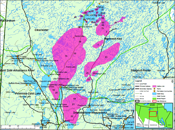 Map of an area in northern Saskatchewan identifying areas used by boreal caribou by English River First Nation (full description is located below the image). 
