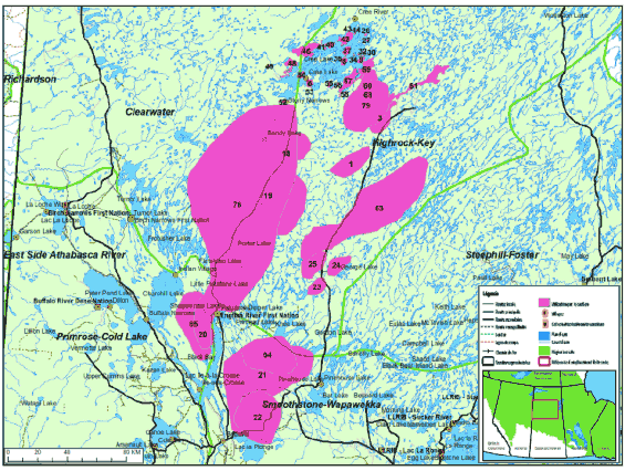 Carte d'une région du nord de la Saskatchewan illustrant les zones utilisées par le caribou boréal, établie par la Première nation English River (la description complète se trouve ci-dessous l'image).