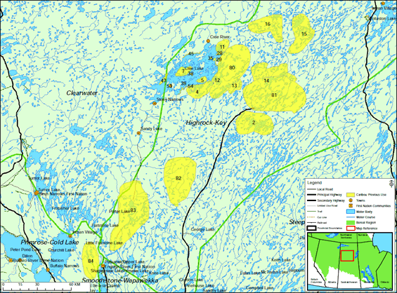 Map of an area in northern Saskatchewan identifying areas previously used by boreal caribou by English River First Nation (full description is located below the image.