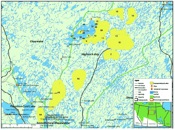 Carte d'une région du nord de la Saskatchewan illustrant les zones utilisées par le passé par le caribou boréal, établie par la Première nation English River (la description complète se trouve ci-dessous l'image).