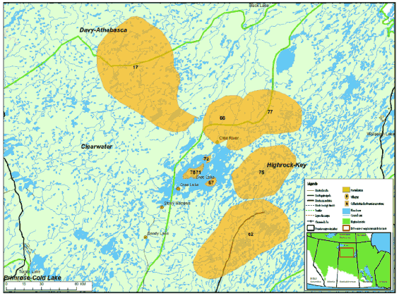 Carte d'une région du nord de la Saskatchewan illustrant les zones perturbées, établie par la Première Nation English River (la description complète se trouve ci-dessous l'image). 