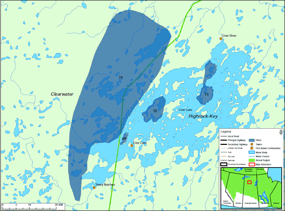 Map of an area in northern Saskatchewan identifying disturbed areas by English River First Nation. Numbers are shown throughout the map will be explained in table 1.