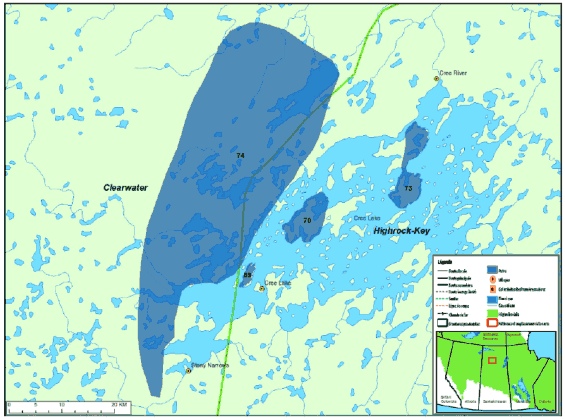 Carte d'une région du nord de la Saskatchewan illustrant d'autres zones qui étaient par le passé propices au caribou, établie par la Première Nation English River (la description complète se trouve ci-dessous l'image)..