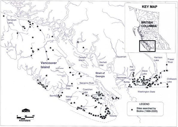 Figure 4: Localities searched for terrestrial gastropods on Vancouver Island and the coastal mainland of British Columbiaby Biolinx Environmental Research Ltd. (1999-2005)