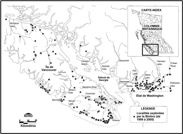 Figure 4 : Localités de l’île de Vancouver et de la côte de la Colombie-Britannique continentale explorées à la recherche de gastéropodes terrestres par la Biolinx Environmental Research Ltd. (de 1999 à 2005)