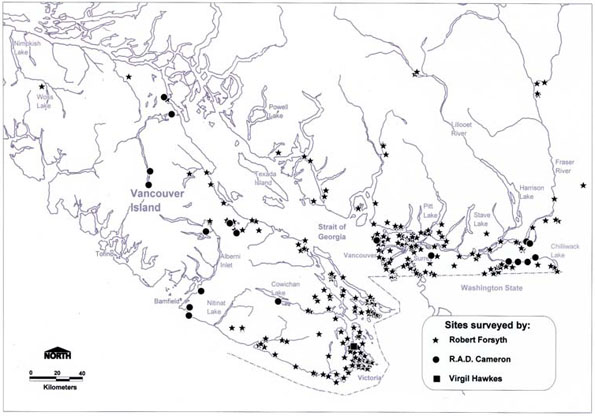 Figure 5: Localities searched for terrestrial gastropods on Vancouver Island and the coastal mainland of British Columbia.