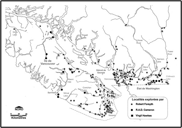 Figure 5 : Localités de l’île de Vancouver et de la côte de la Colombie-Britannique continentale explorées à la recherche de gastéropodes terrestres par Cameron (1984), Forsyth (de 1990 à 2003) et Hawkes (2003)