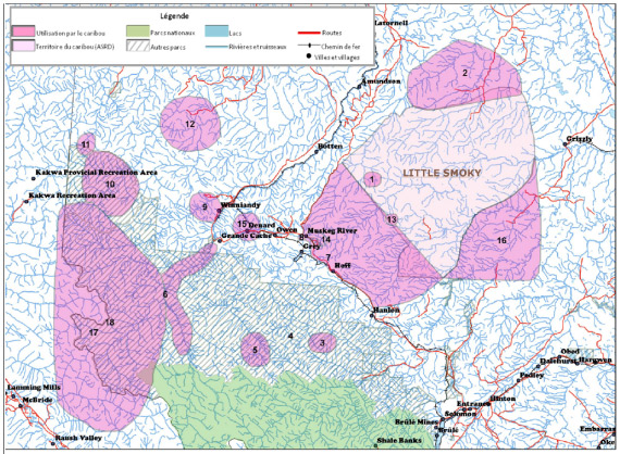 Carte illustrant les multiples hardes de caribous présentes en Alberta. Renseignements descriptifs des polygones représentant les zones fréquentées par le caribou.