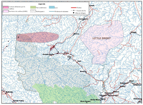 Carte illustrant les multiples hardes de caribous présentes en Alberta. Renseignements descriptifs des polygones représentant les zones fréquentées par le caribou.